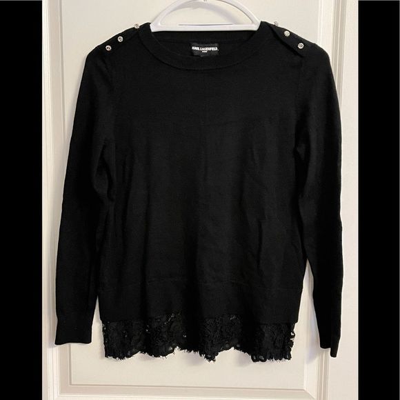 NWT Karl Lagerfeld Black Sweater Lace Bottom With Silver Flower Buttons Size S - Picture 2 of 10